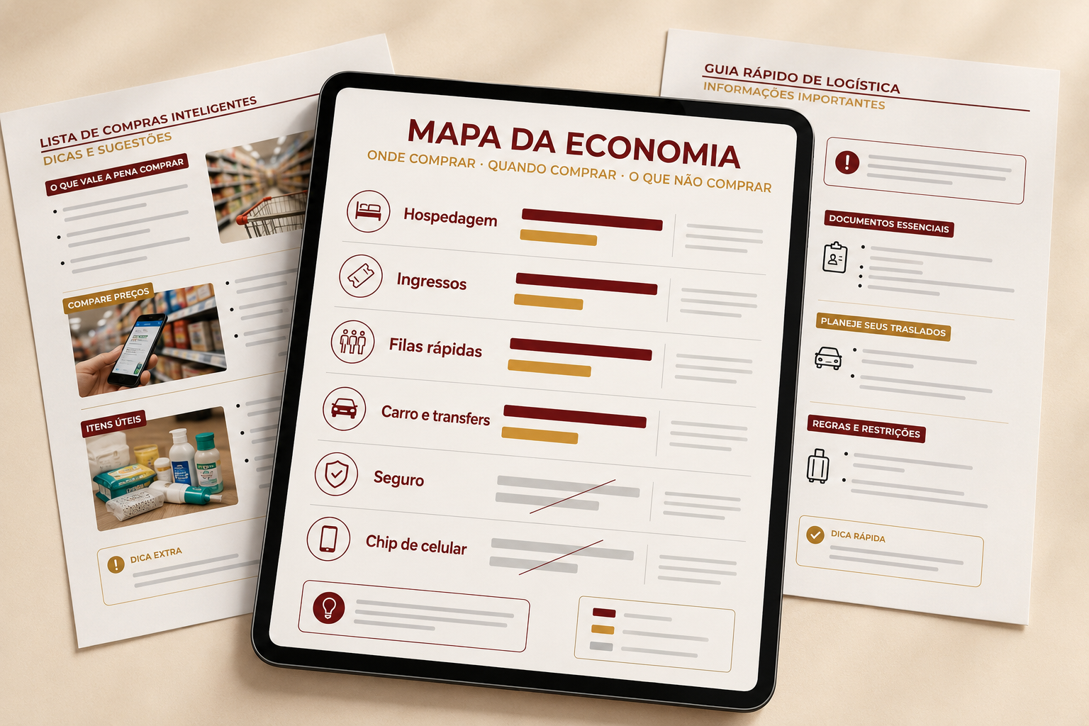 Mapa da Economia da VivA Orlando exibido em tablet ao lado de guias impressos