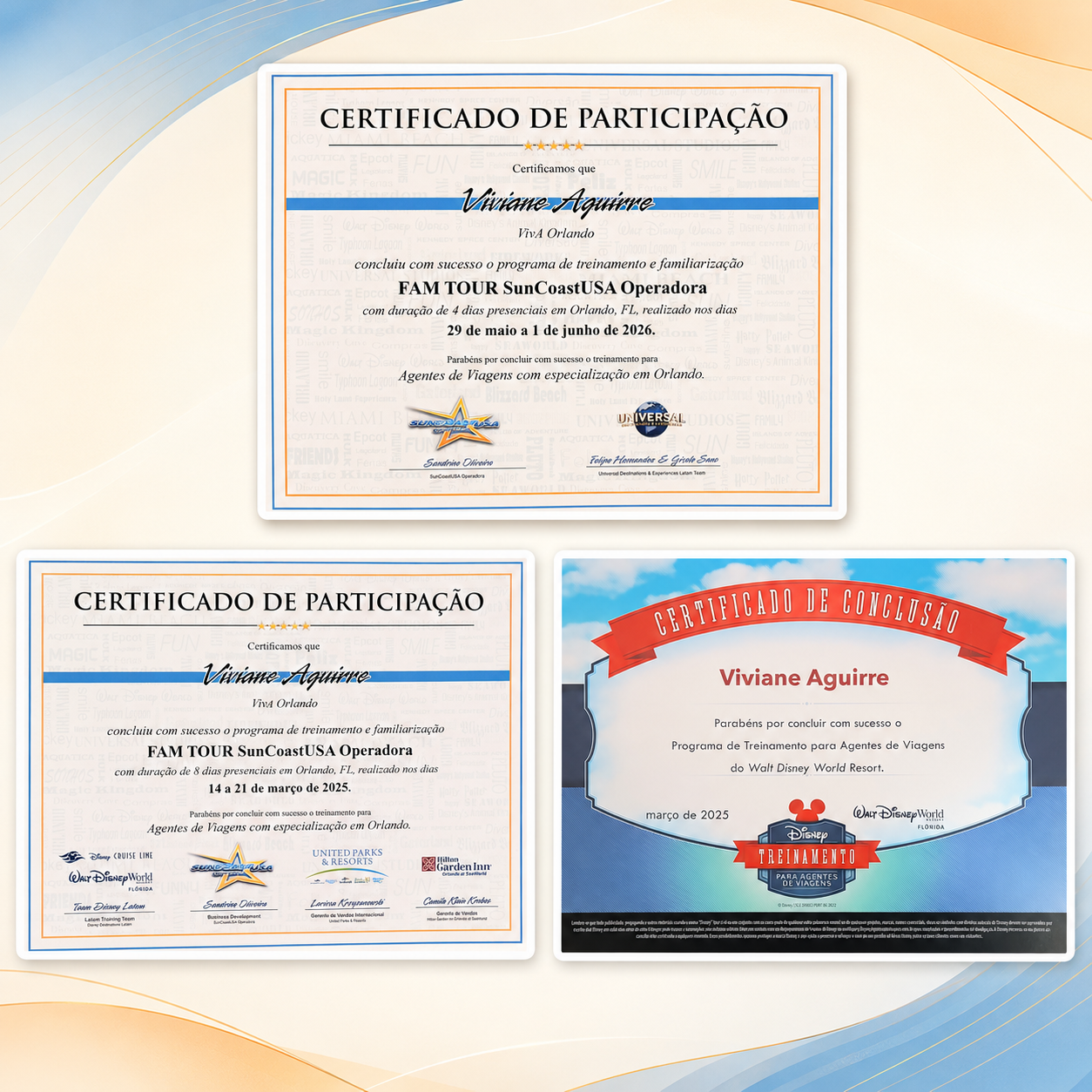 Certificados de formação e treinamento de Viviane Aguirre para agentes de viagens especializados em Orlando