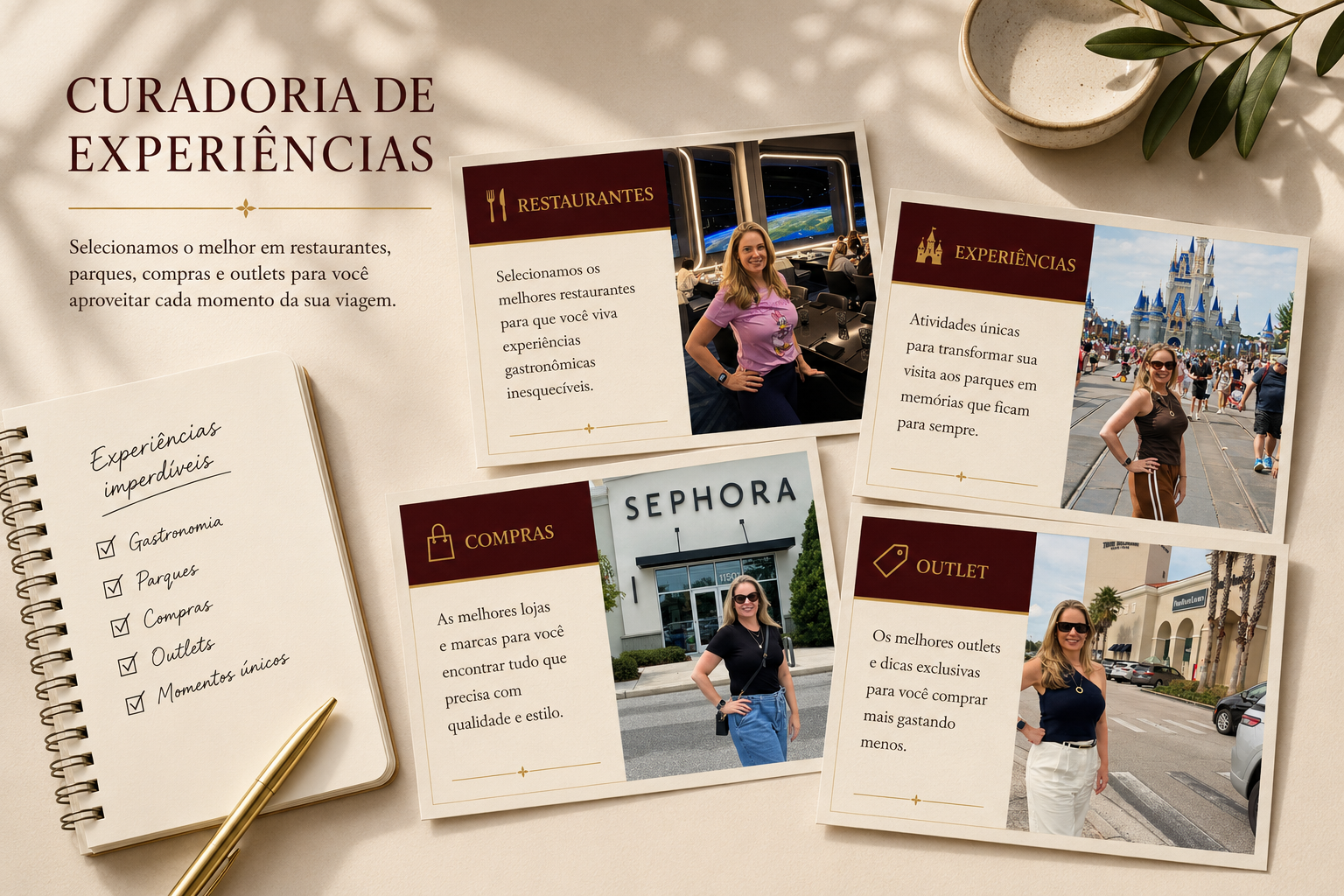 Curadoria de Experiências da VivA Orlando: cards de restaurantes, experiências, compras e outlets ao lado de caderno de anotações