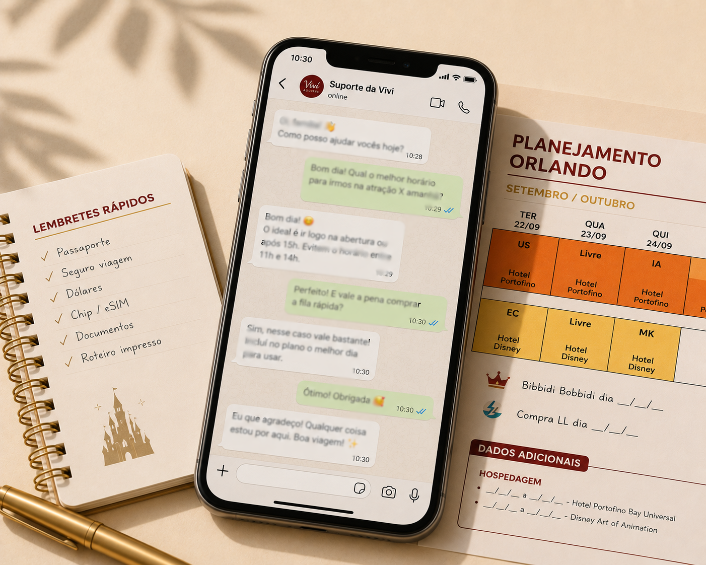 Suporte da Vivi no WhatsApp exibido em smartphone ao lado de caderno de lembretes e planejamento de Orlando