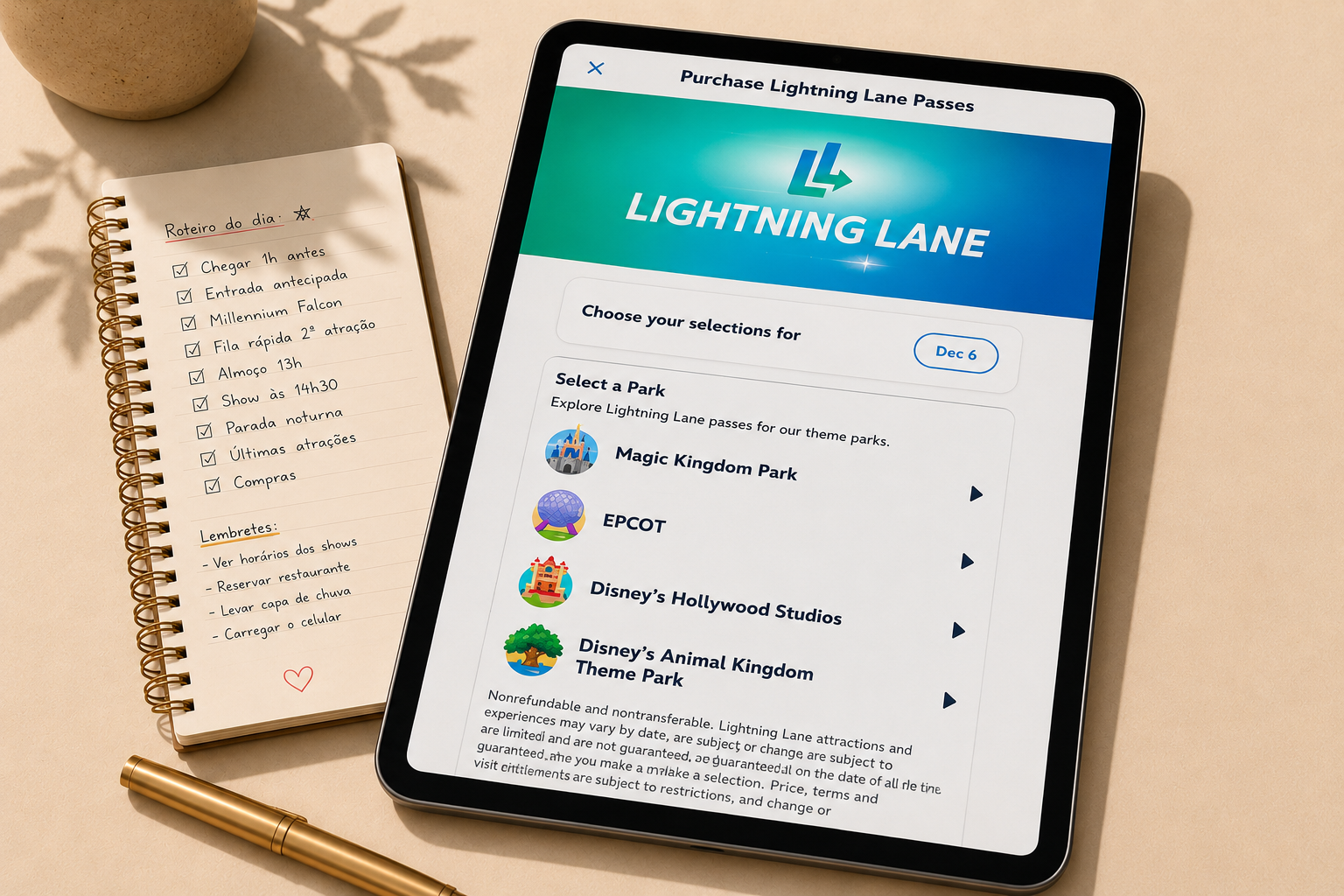 Tempo Perfeito da VivA Orlando: plano passo a passo exibido em tablet ao lado de caderno de anotações